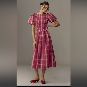 NWT Damson Madder Becca Plaid Puff-Sleeve Midi Dress